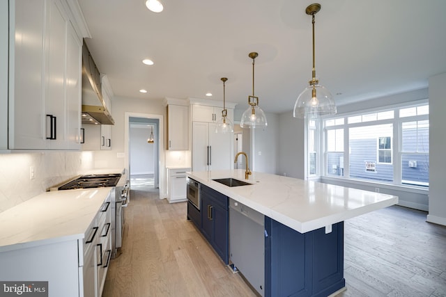 kitchen with white cabinets, a spacious island, appliances with stainless steel finishes, hanging light fixtures, and blue cabinetry