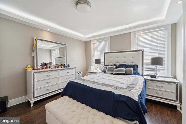 bedroom featuring dark hardwood / wood-style flooring and a raised ceiling