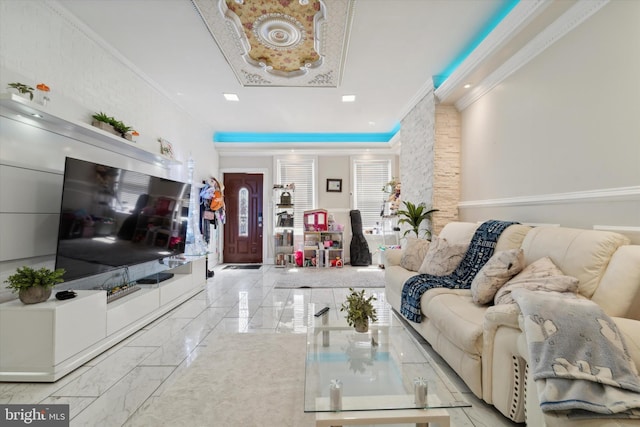 living room featuring ornamental molding