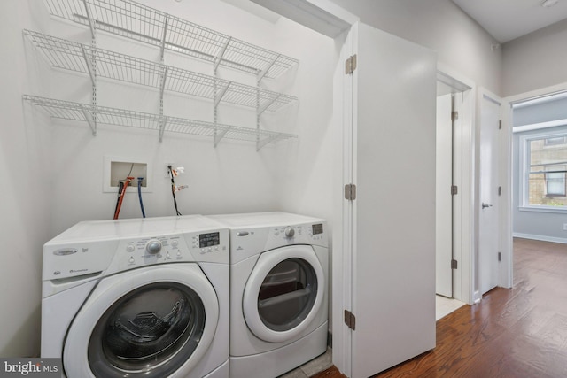 clothes washing area featuring dark wood-type flooring and independent washer and dryer