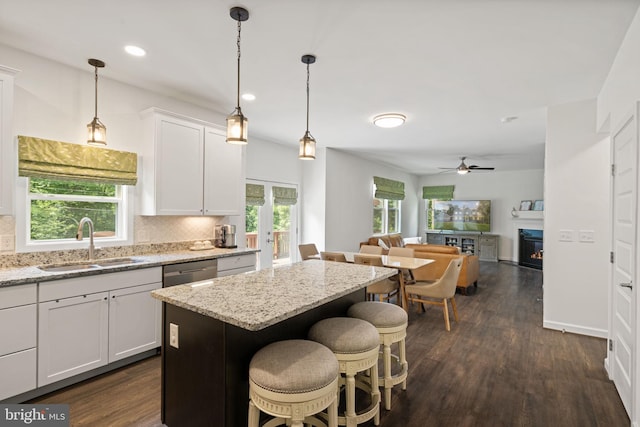 kitchen with sink, tasteful backsplash, dark wood-type flooring, and a healthy amount of sunlight