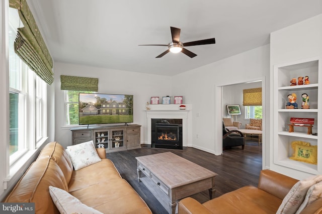 living room featuring ceiling fan, dark hardwood / wood-style flooring, and built in shelves