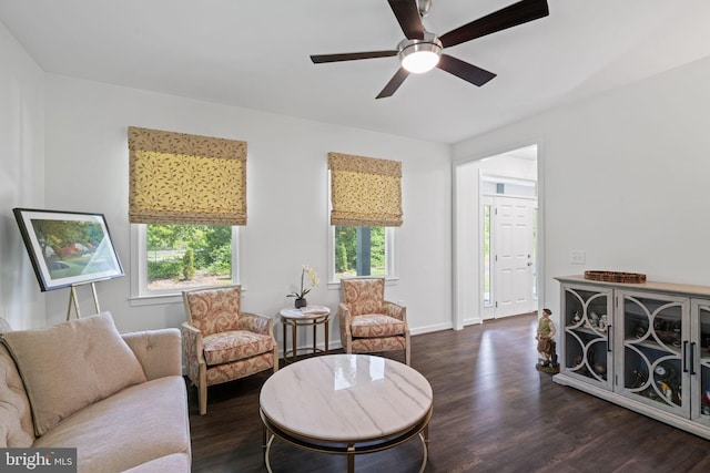 living area with ceiling fan, plenty of natural light, and dark hardwood / wood-style flooring