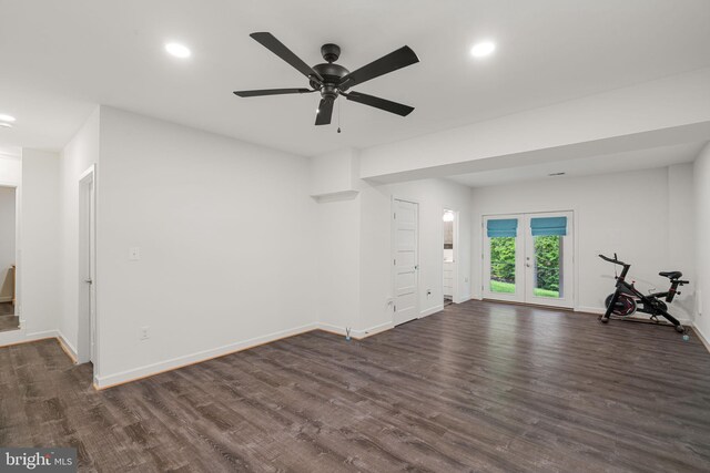 unfurnished room featuring ceiling fan, french doors, and dark hardwood / wood-style flooring