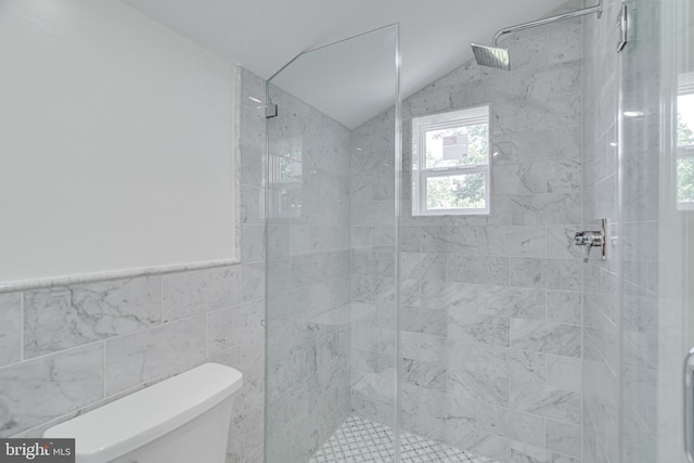 bathroom with tile walls, a shower with door, lofted ceiling, and toilet