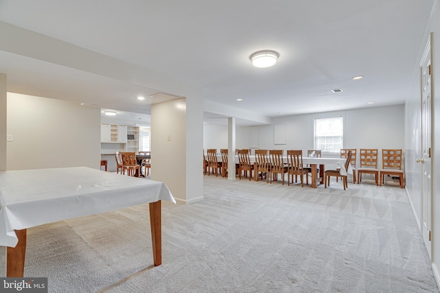 rec room with light carpet and billiards