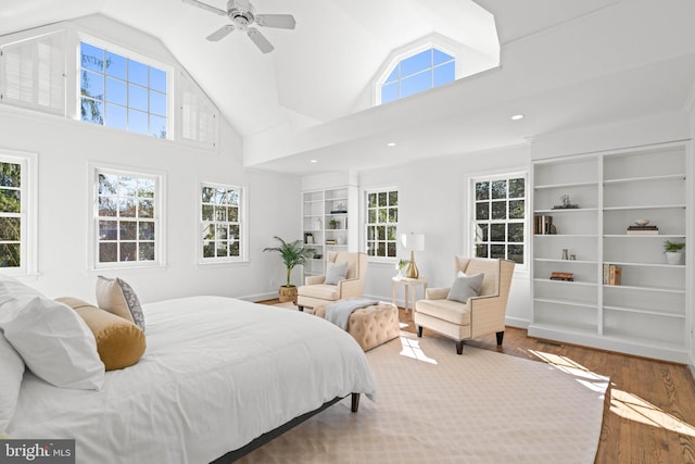 bedroom with high vaulted ceiling, wood finished floors, a ceiling fan, and recessed lighting