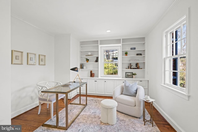 office space featuring a healthy amount of sunlight, baseboards, and wood finished floors