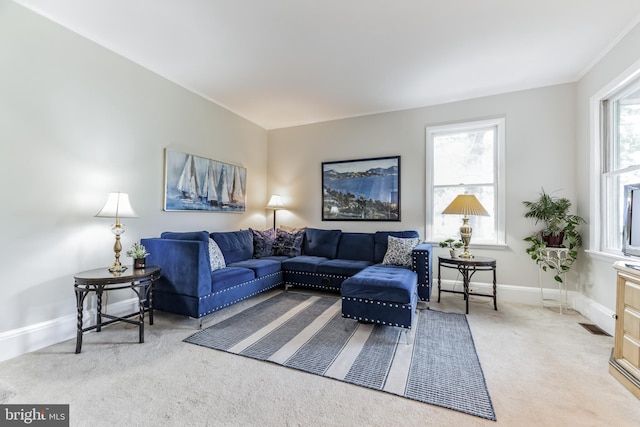 living room with light carpet and a wealth of natural light