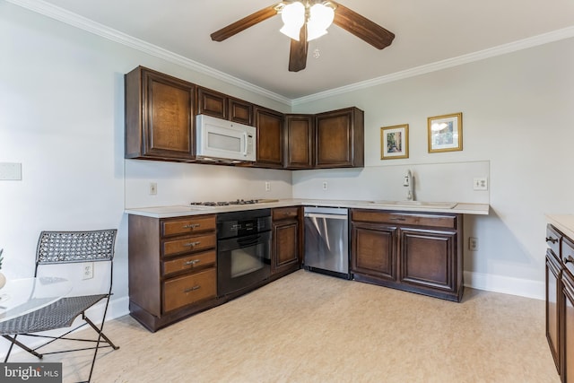 kitchen featuring dark brown cabinets, dishwasher, oven, ceiling fan, and sink