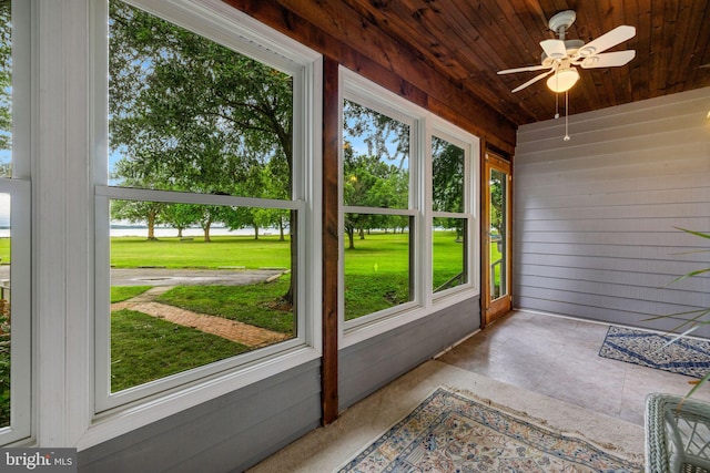 sunroom featuring ceiling fan and wooden ceiling