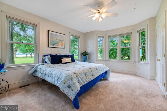 carpeted bedroom featuring ceiling fan and multiple windows