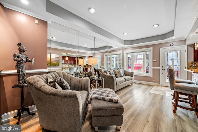 living room featuring ornamental molding, light hardwood / wood-style floors, and a raised ceiling