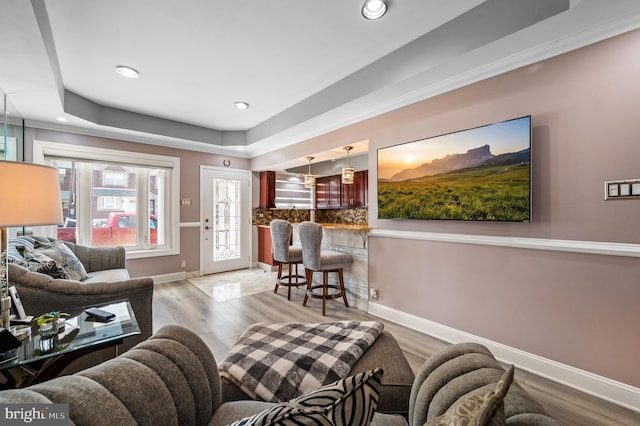 living room featuring a raised ceiling and light wood-type flooring