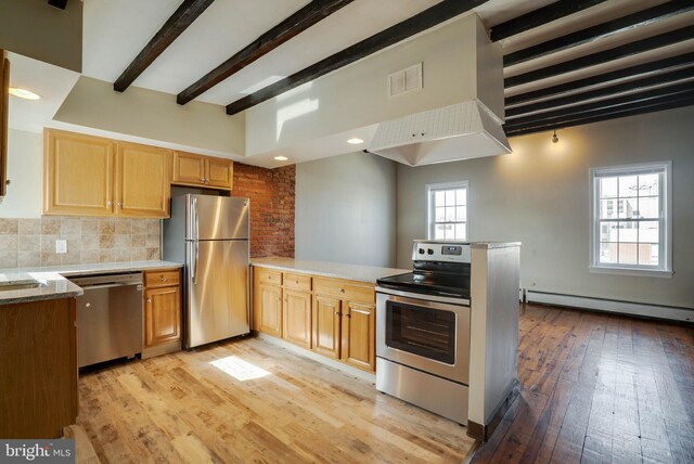 kitchen with light wood-type flooring, appliances with stainless steel finishes, a baseboard radiator, tasteful backsplash, and kitchen peninsula