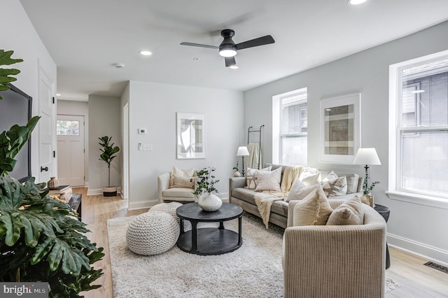 living room with light wood-type flooring and ceiling fan