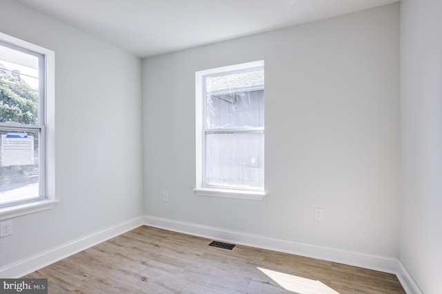 unfurnished room featuring a wealth of natural light and light hardwood / wood-style flooring