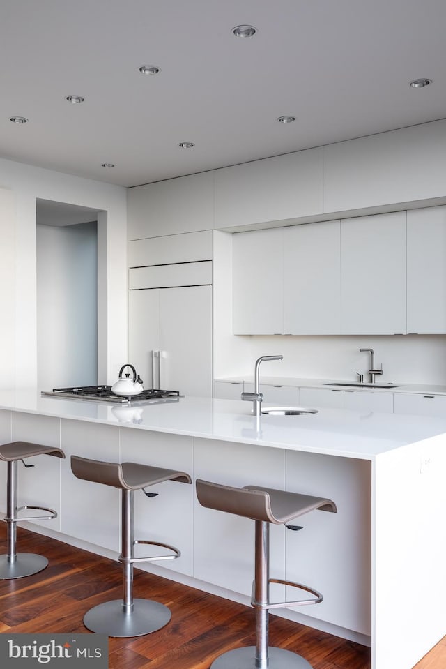 kitchen featuring paneled refrigerator, a sink, and modern cabinets