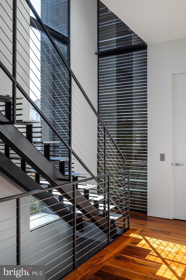 stairs featuring wood finished floors