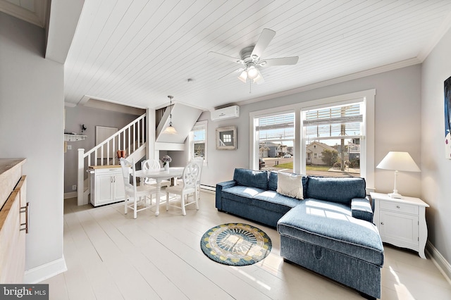 living room with ceiling fan, wood ceiling, a baseboard radiator, ornamental molding, and a wall mounted AC