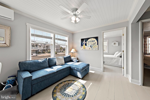 living room with ceiling fan, light hardwood / wood-style floors, ornamental molding, and a wall mounted air conditioner