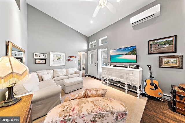 living room with hardwood / wood-style flooring, high vaulted ceiling, ceiling fan, and a wall mounted air conditioner