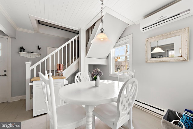 dining space featuring lofted ceiling, baseboard heating, a wall mounted AC, and crown molding