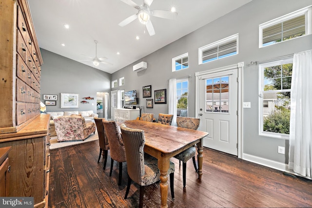 dining area featuring ceiling fan, high vaulted ceiling, dark wood-type flooring, and a wall mounted air conditioner