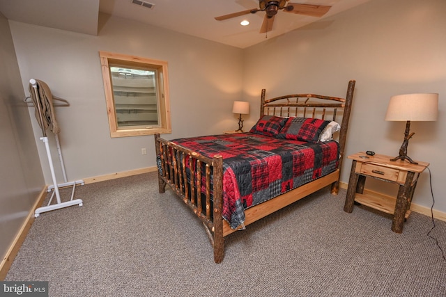 bedroom with recessed lighting, carpet flooring, visible vents, and baseboards