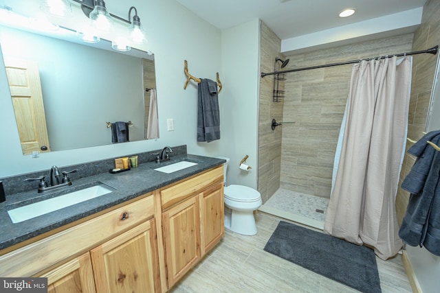 bathroom with double vanity, a stall shower, a sink, and toilet