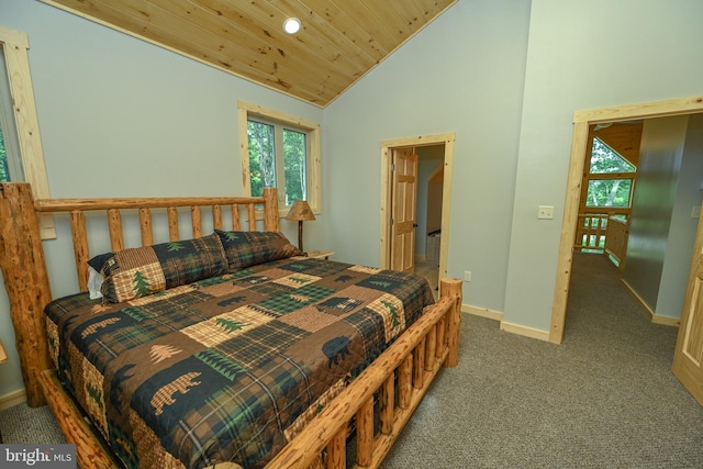 carpeted bedroom with high vaulted ceiling, wood ceiling, and baseboards