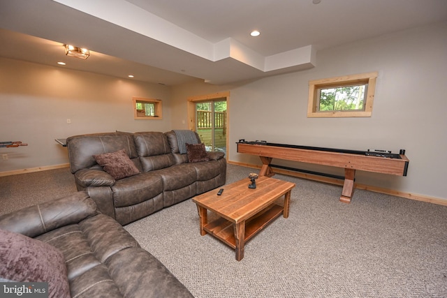 living room with baseboards, carpet flooring, and recessed lighting