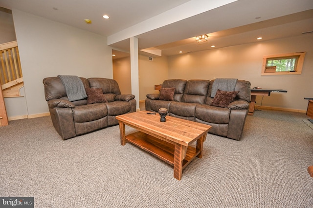 living area featuring baseboards, carpet, and recessed lighting