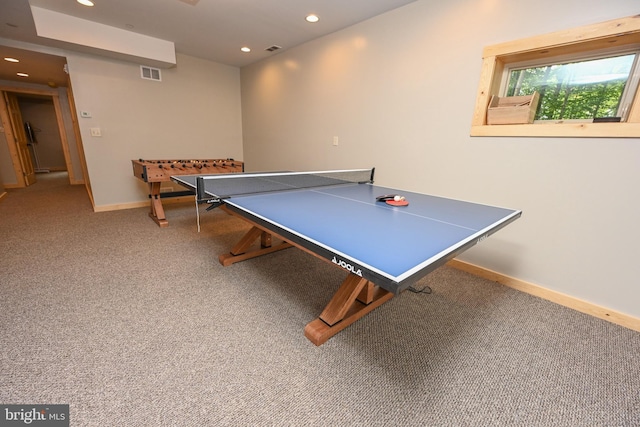 playroom featuring carpet, visible vents, baseboards, and recessed lighting