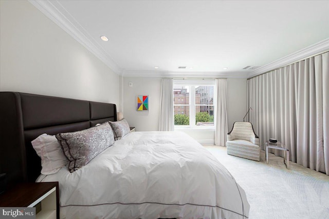 carpeted bedroom with ornamental molding