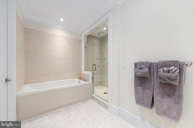 bathroom featuring crown molding, shower with separate bathtub, and tile patterned floors