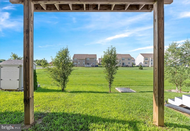 view of yard featuring a storage shed