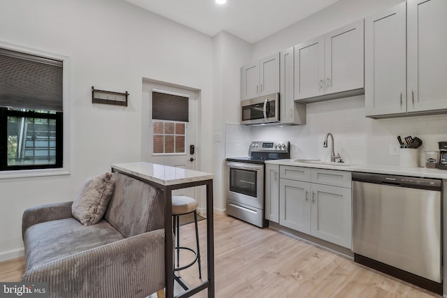 kitchen featuring light wood-type flooring, sink, stainless steel appliances, and backsplash