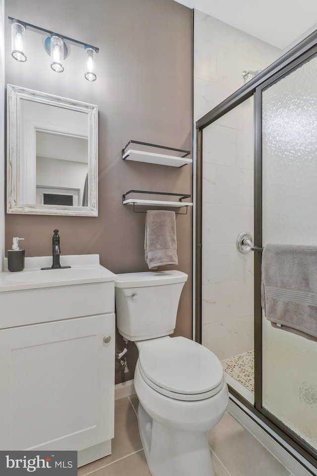 bathroom featuring an enclosed shower, tile patterned floors, vanity, and toilet