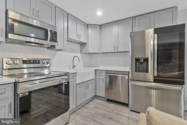 kitchen featuring backsplash, stainless steel appliances, light hardwood / wood-style flooring, and gray cabinets