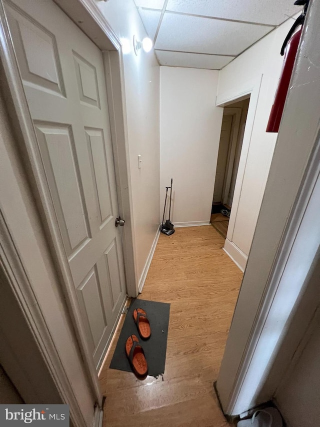 corridor with baseboards, light wood-style flooring, and a paneled ceiling