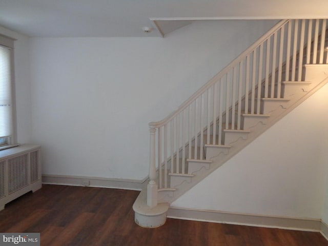 stairway with wood-type flooring and radiator