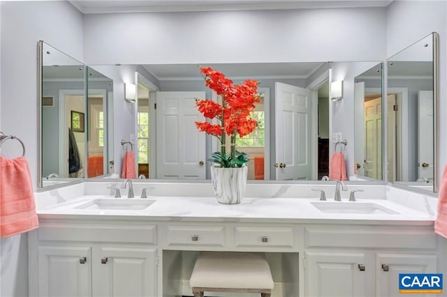 bathroom featuring crown molding and double sink vanity