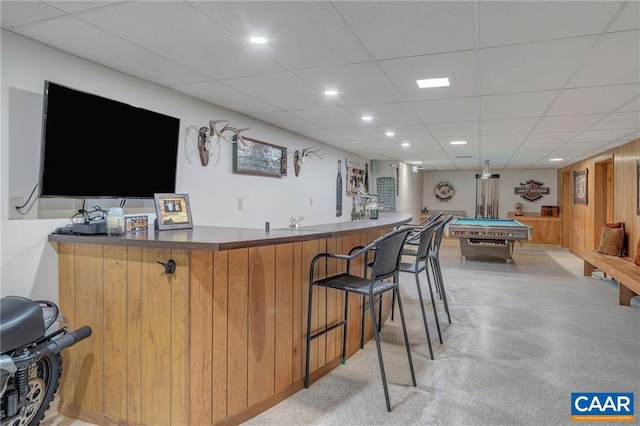 bar featuring billiards and a drop ceiling