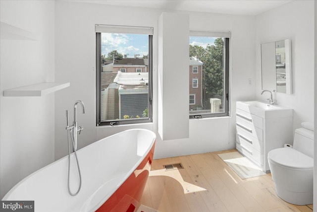 bathroom with toilet, vanity, a healthy amount of sunlight, and a tub to relax in