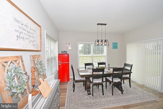 dining room with hardwood / wood-style floors and a notable chandelier