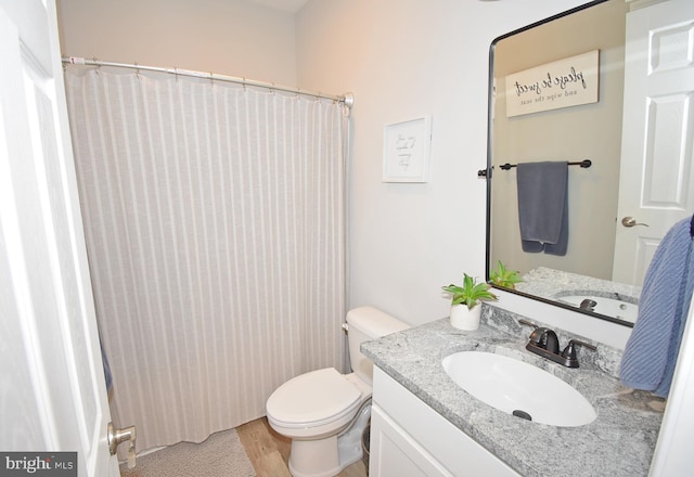 bathroom featuring hardwood / wood-style floors, vanity, and toilet