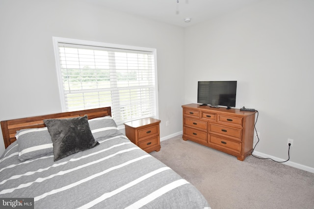 bedroom with light carpet