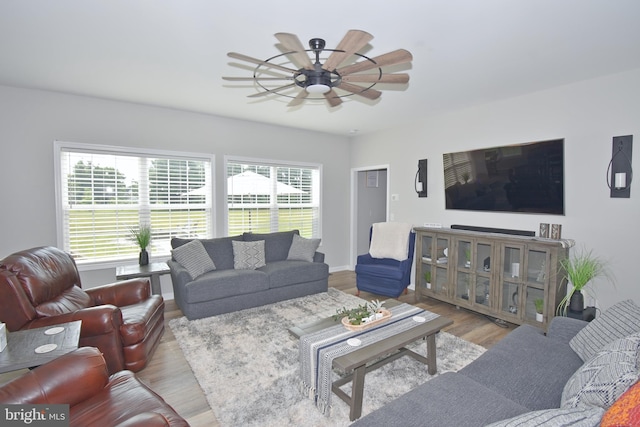 living room featuring ceiling fan and light hardwood / wood-style flooring