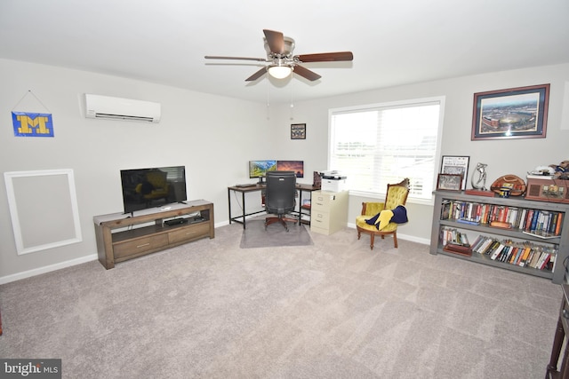 carpeted home office featuring an AC wall unit and ceiling fan